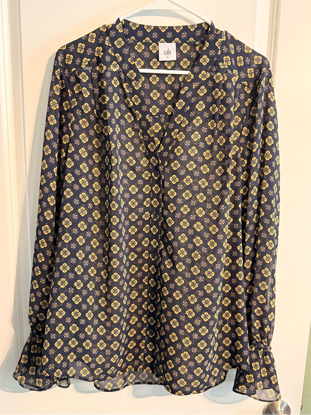 CAbi Navy Blouse with Gold Medallion Print